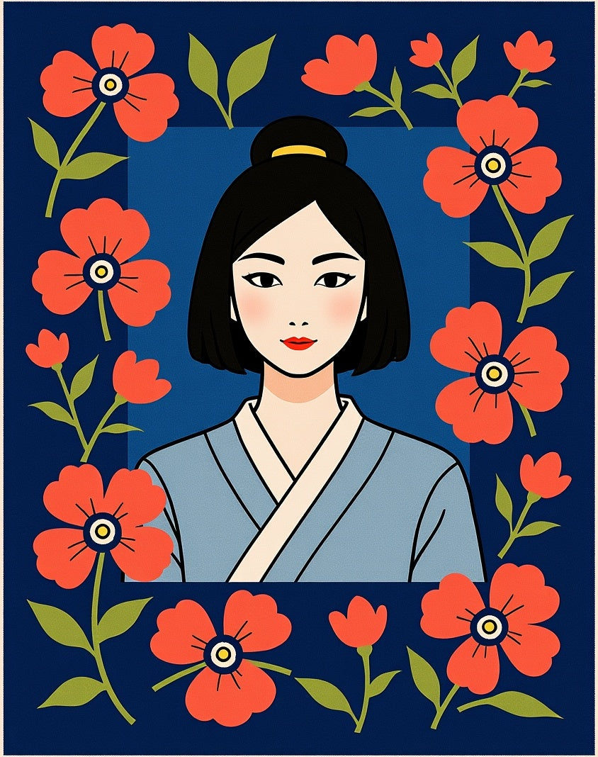 Crimson Poppy Portrait Blue Rug