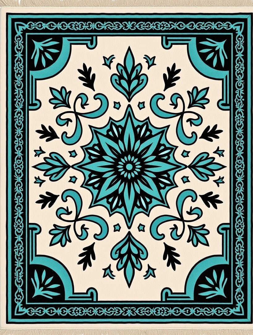 Turquoise Black Cream Floral Medallion Rug