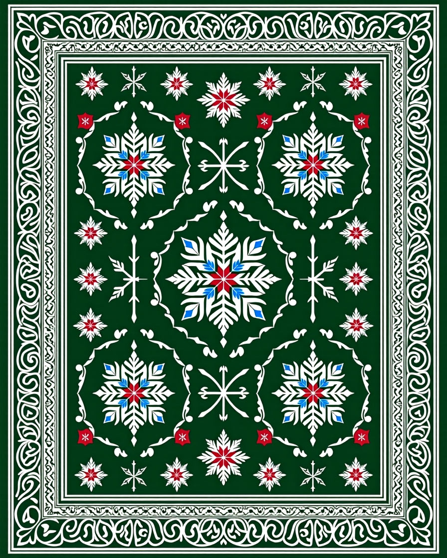 Emerald White Snowflake Medallion Borders Rug