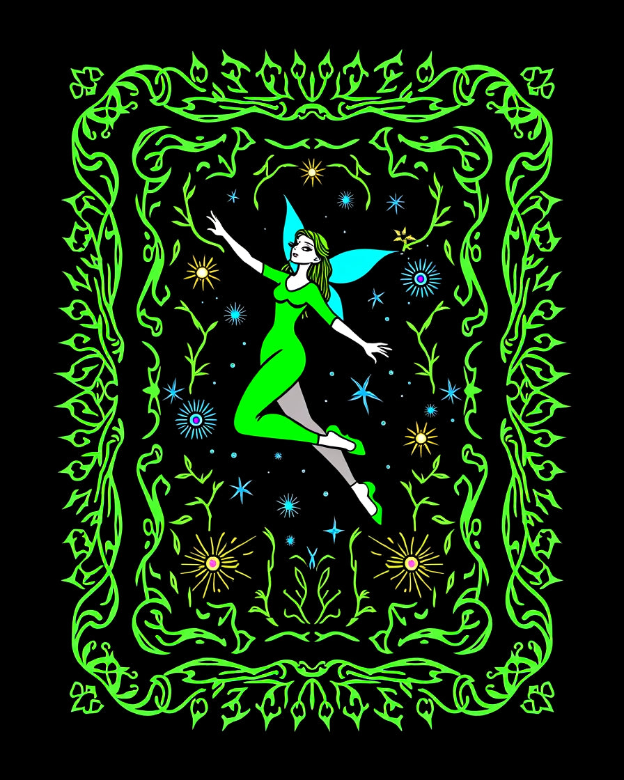 Vibrant Green Neon Fairy Garden Frame Rug