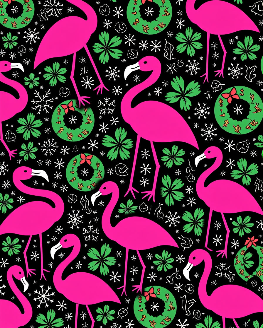Bright Pink Flamingo Christmas Wreath Snowflakes Rug