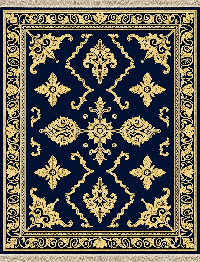 Navy Gold Rococo Floral Garden Rug