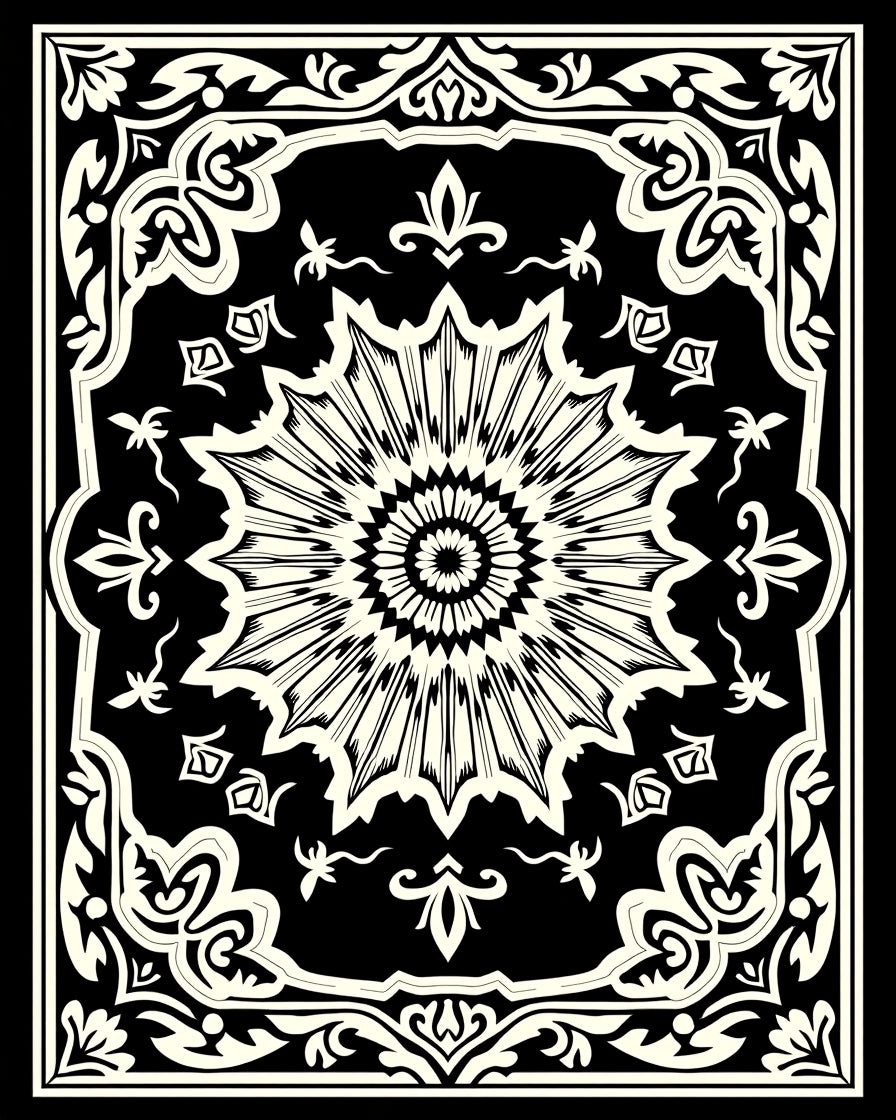 Black Ivory Sunburst Floral Frame Rug
