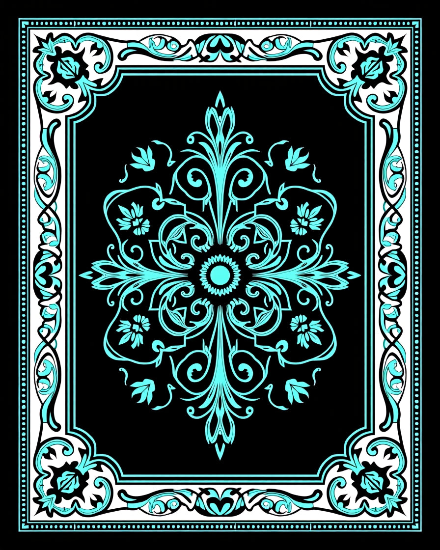 Aqua Floral Scroll Black Medallion Rug