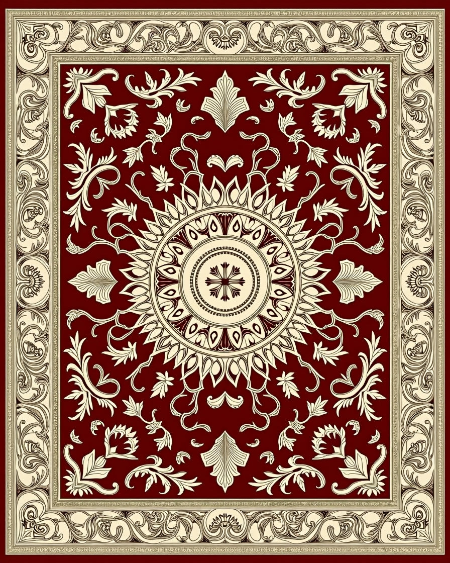 Deep Red Botanical Medallion Border Textile Rug