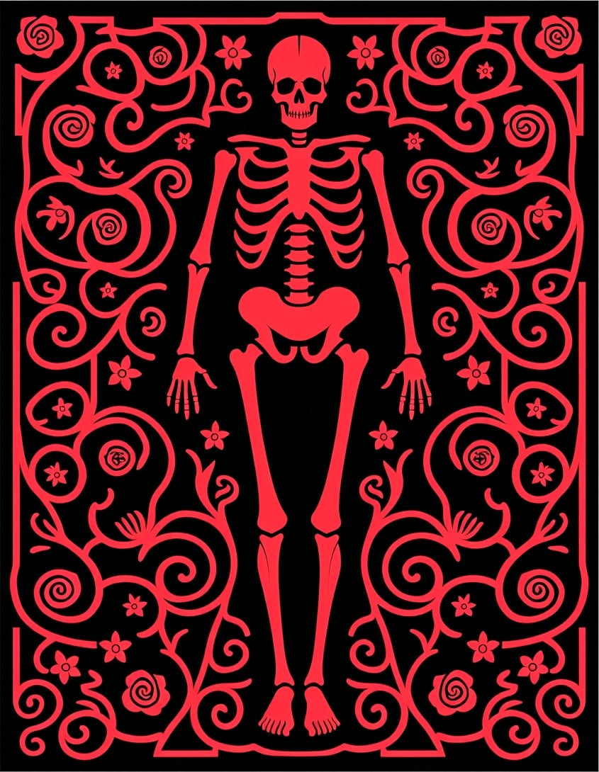 Crimson Skeleton Floral Scroll Rug