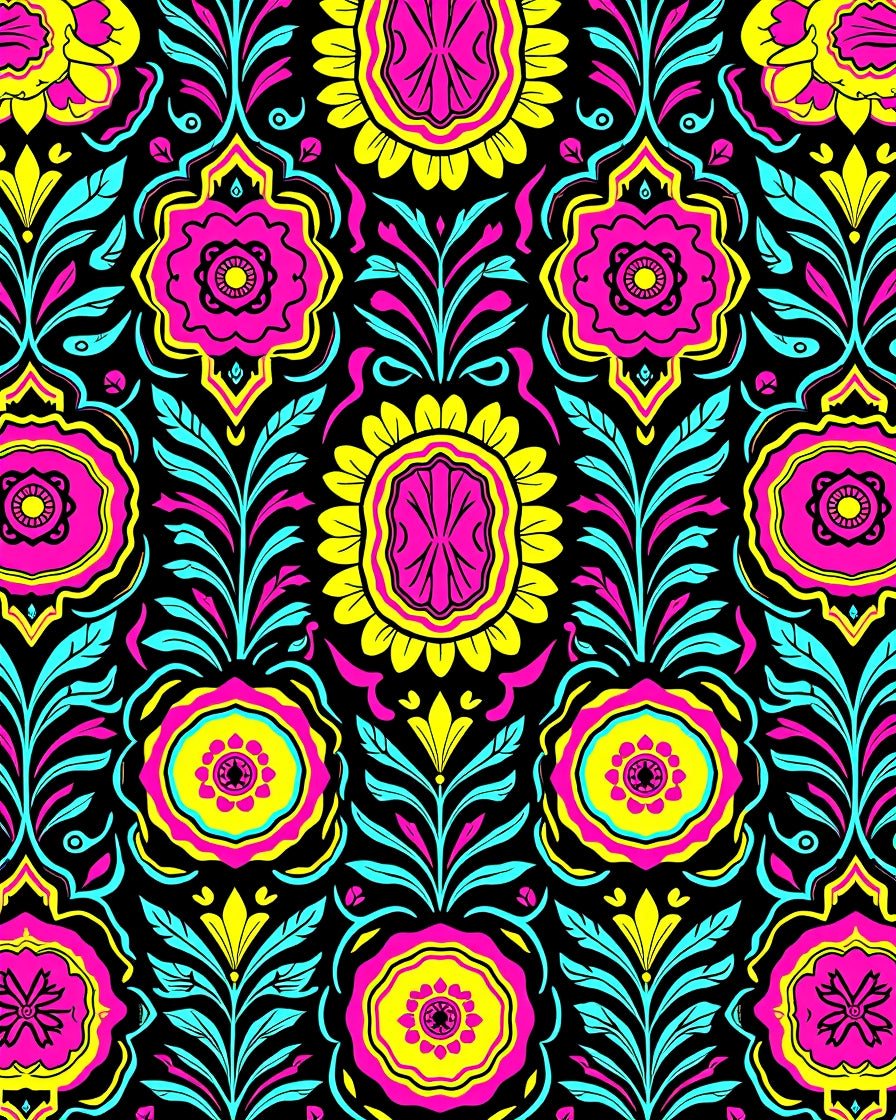 Vibrant Pink Yellow Black Floral Swirls Rug