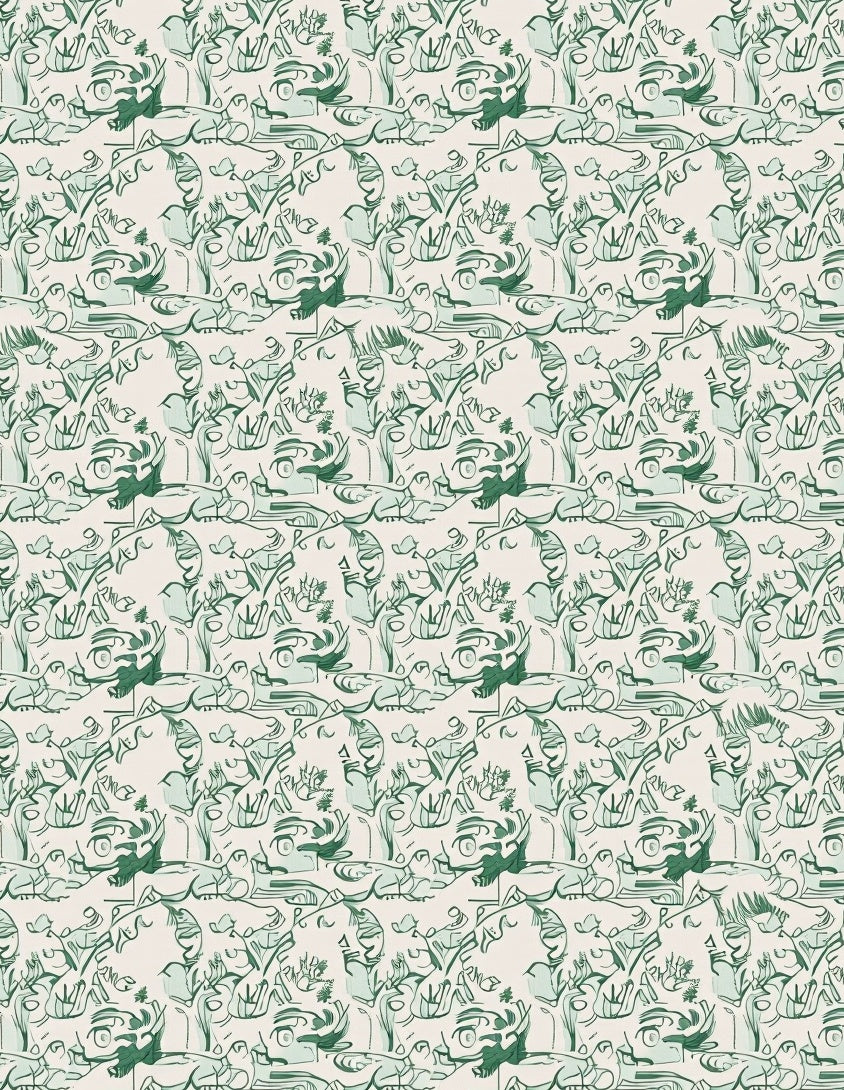 Green Abstract Whimsical Figure Collage Rug
