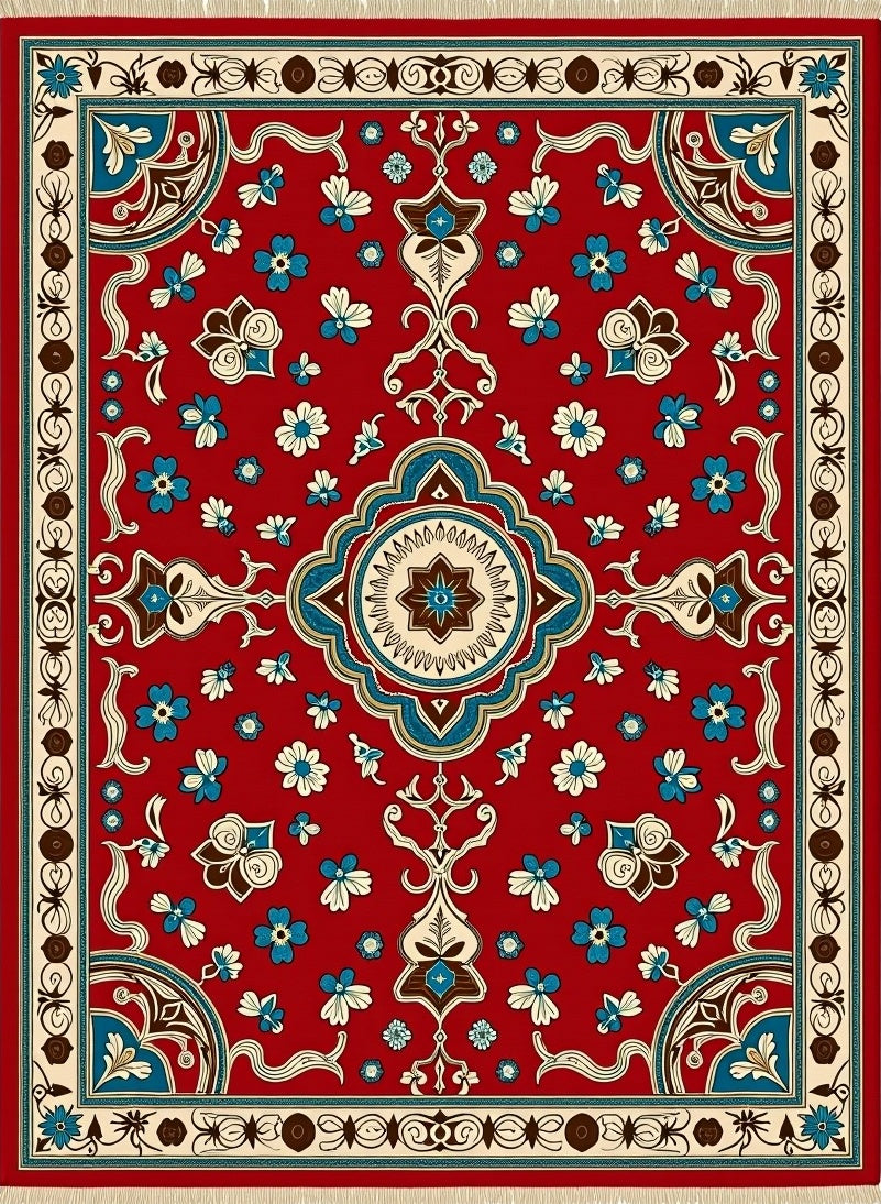Ornate Red Floral Medallion Border Rug