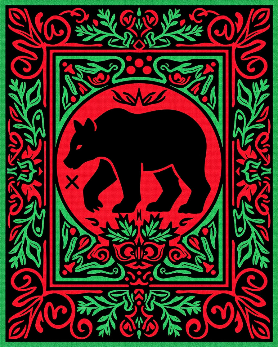 Black Bear Red Green Ornate Folk Rug