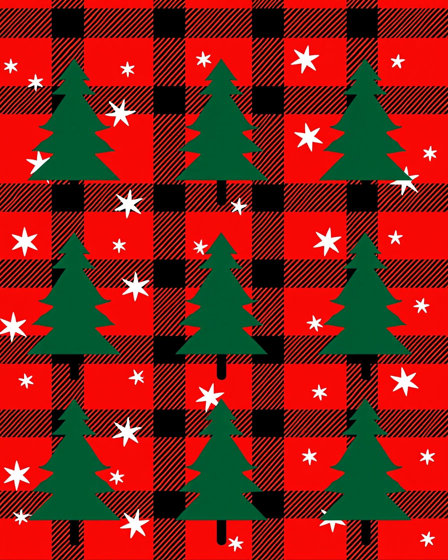 Red Black Buffalo Plaid Trees Stars Rug