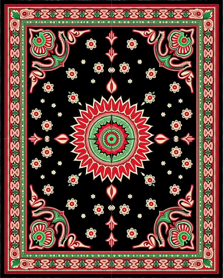 Vibrant Black Red Floral Medallion Rug