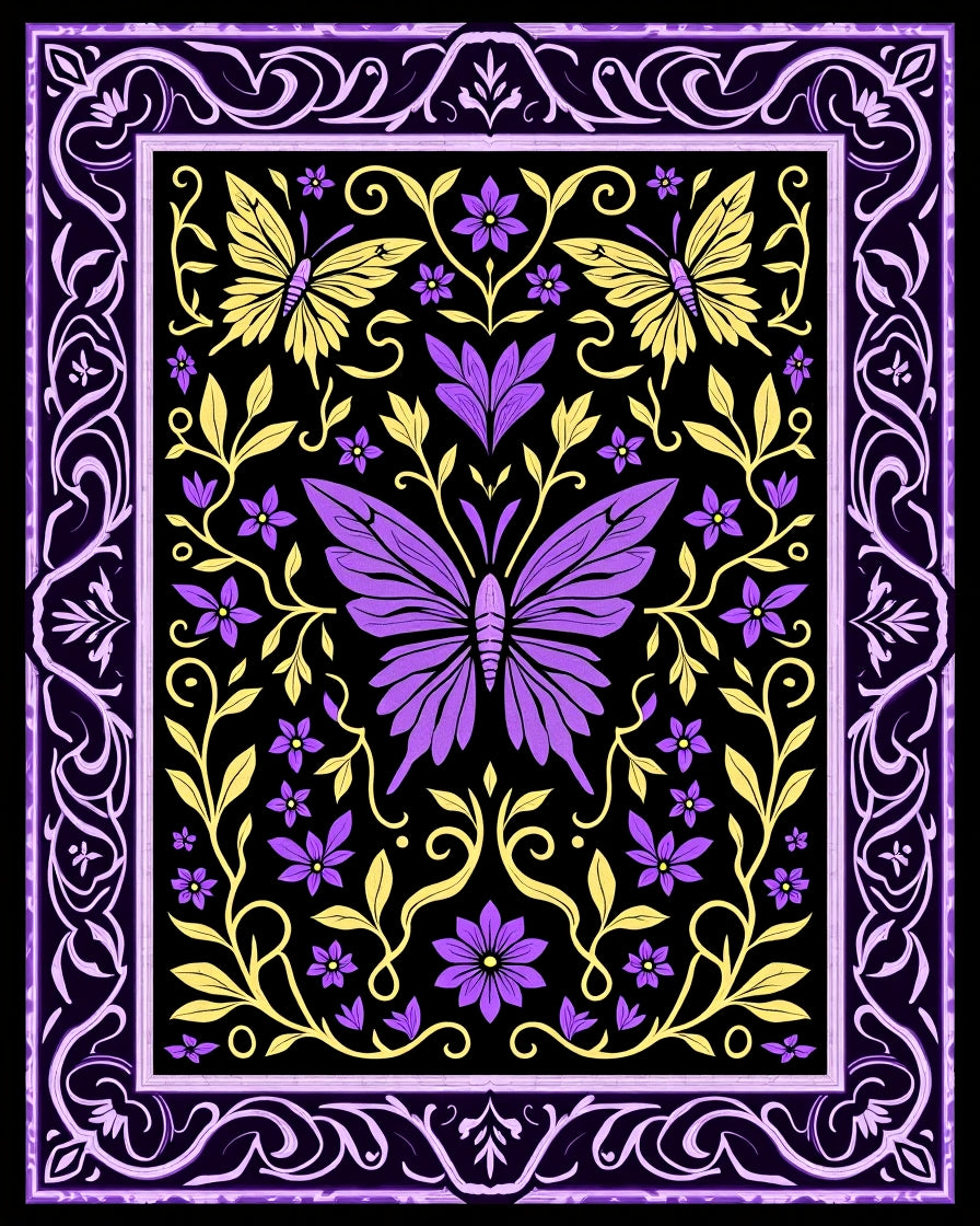 Victorian Purple Yellow Butterfly Floral Rug