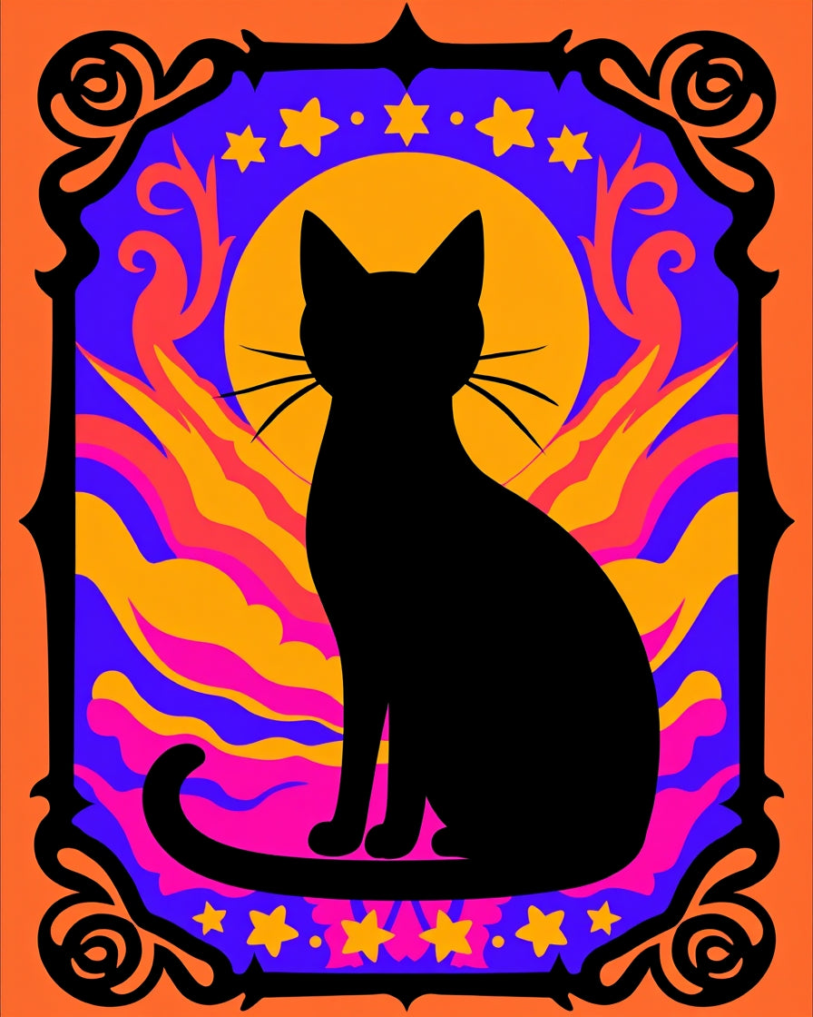 Black Cat Cosmic Psychedelic Stars Rug
