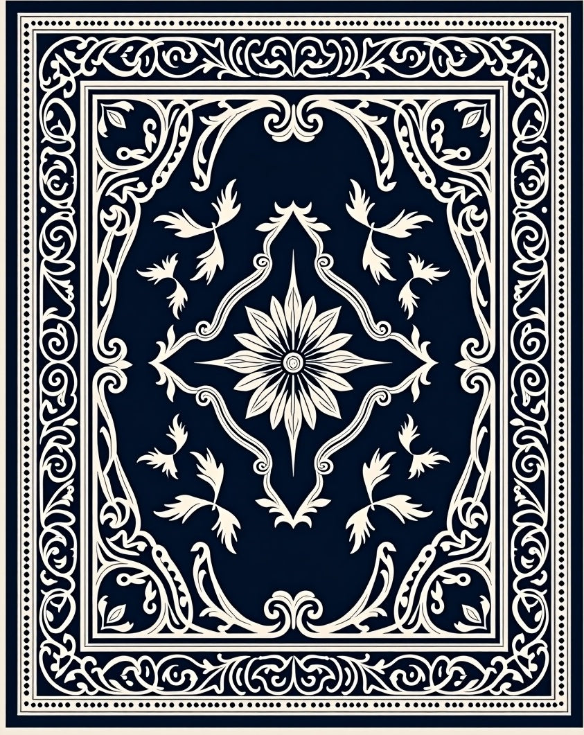 Naval White Ornamental Scrollwork Floral Rug