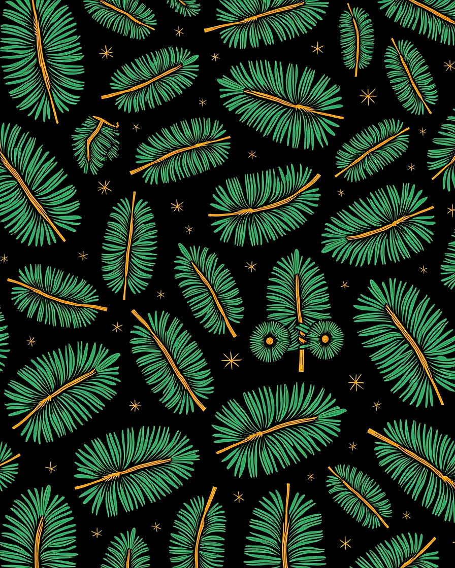 Green Pine Needles on Black with Stars Rug