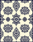 Cream Navy Blue Damask Medallion Rug