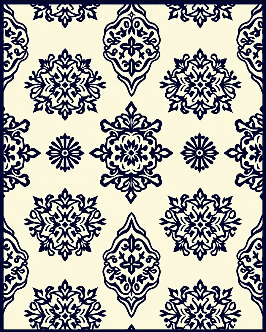 Cream Navy Blue Damask Medallion Rug