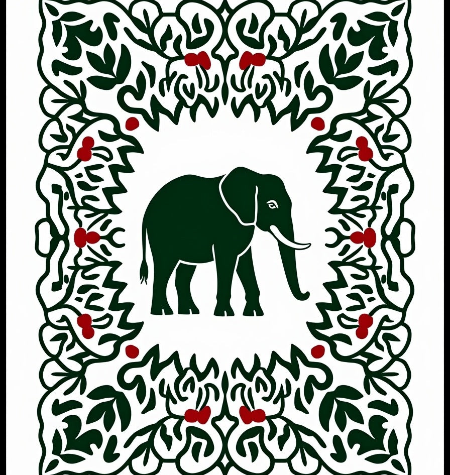 Dark Green Elephant With Red Berry Border Rug