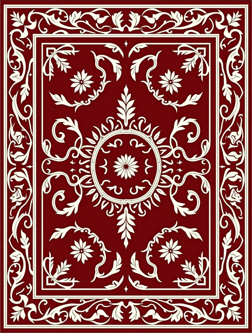 Crimson White Floral Scrollwork Border Rug