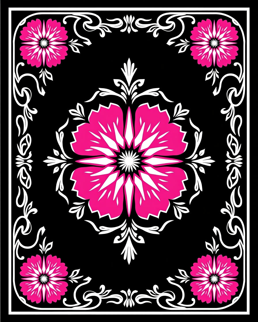 Bold Magenta Floral Black Border Rug