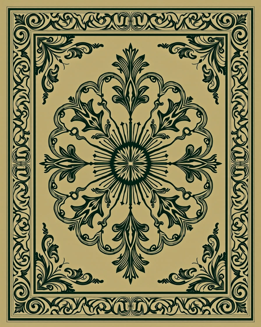 Antique Gold Dark Green Ornate Medallion Rug