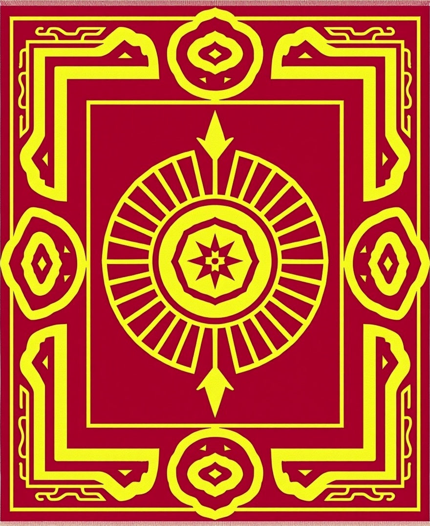 Crimson Yellow Geometric Sunburst Rug