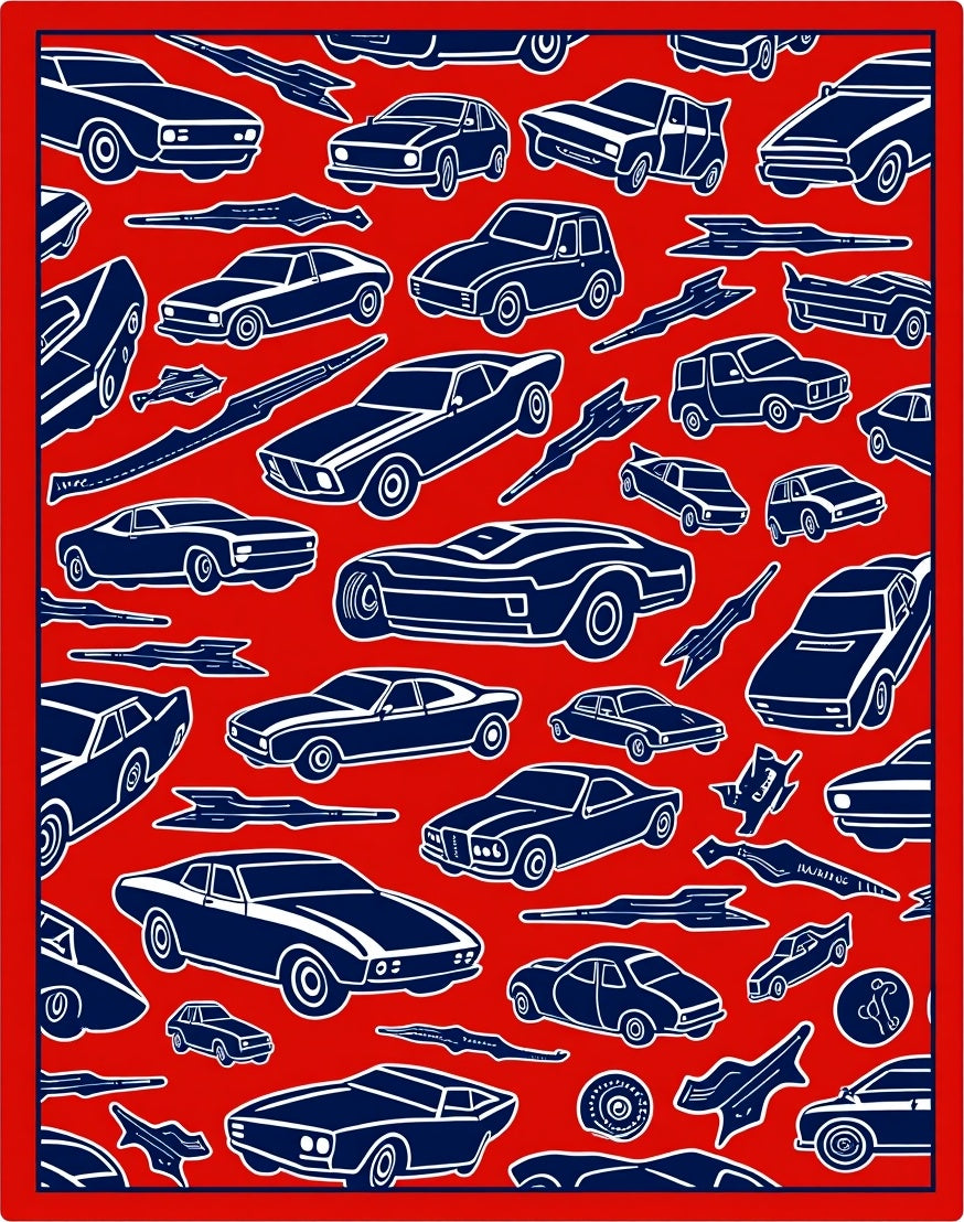 Retro Blue Cars on Red Background Rug
