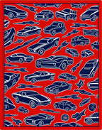 Retro Blue Cars on Red Background Rug