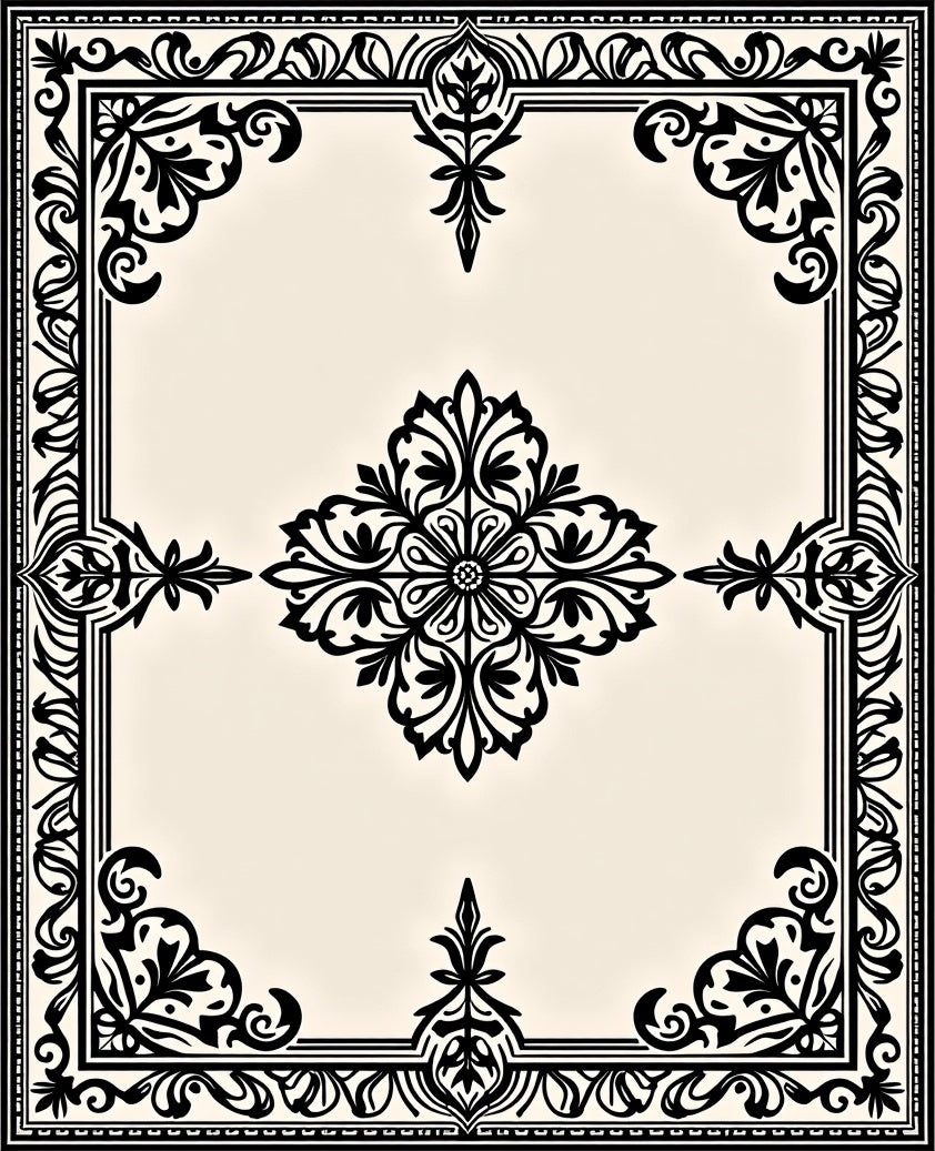 Black Ivory Ornate Floral Medallion Frame Rug
