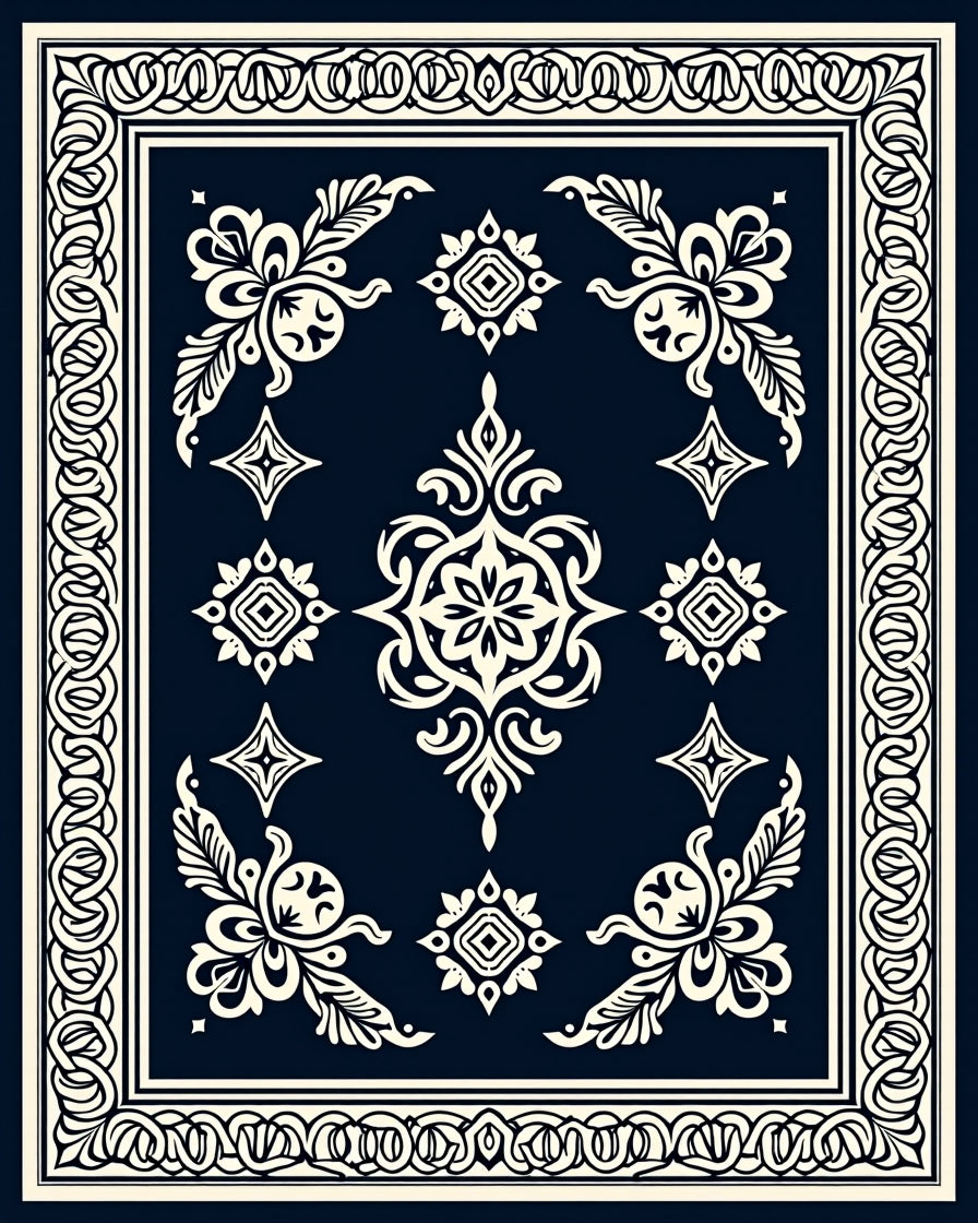 Midnight Navy Cream Floral Medallion Rug