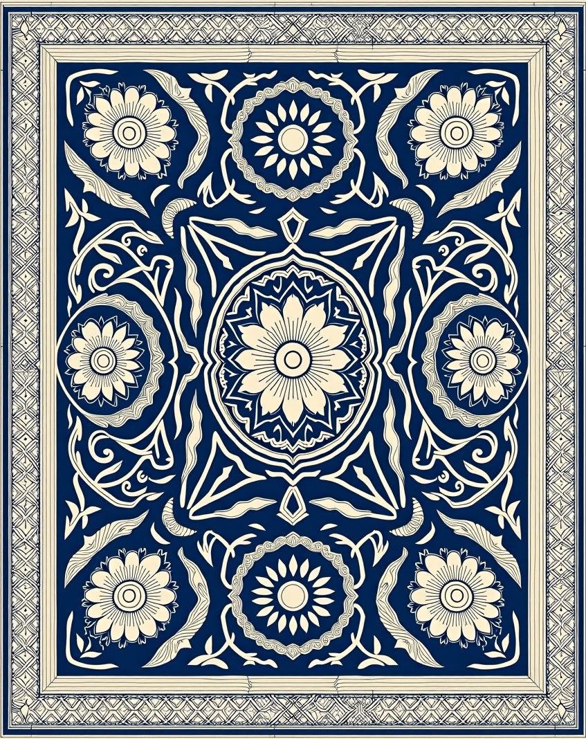 Navy Cream Ornate Botanical Frame Rug