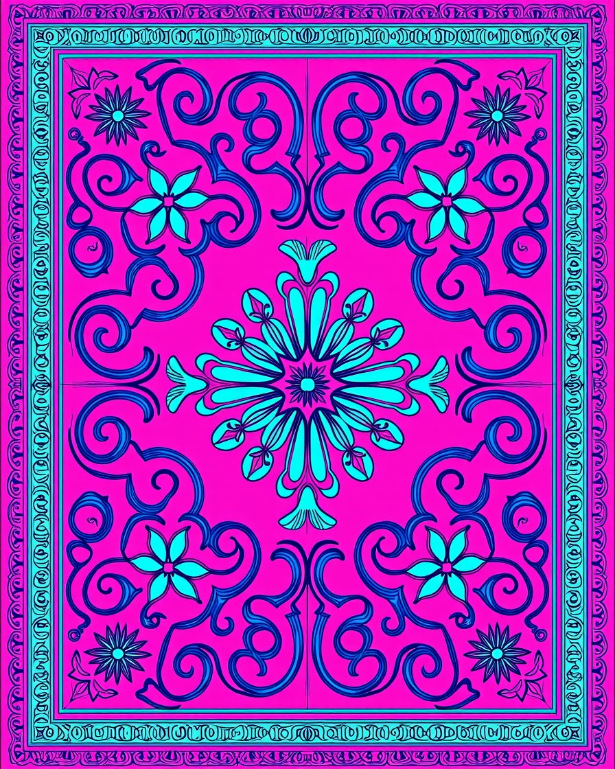 Hot Pink Teal Floral Scroll Rug