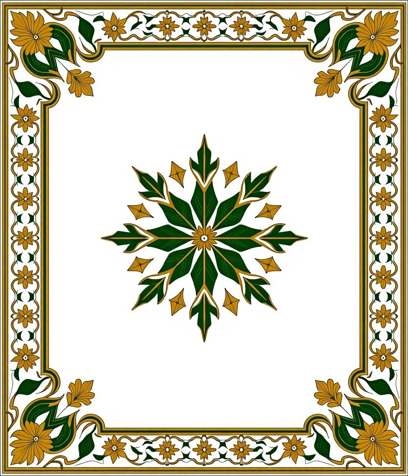 Golden Green Floral Medallion Border Rug