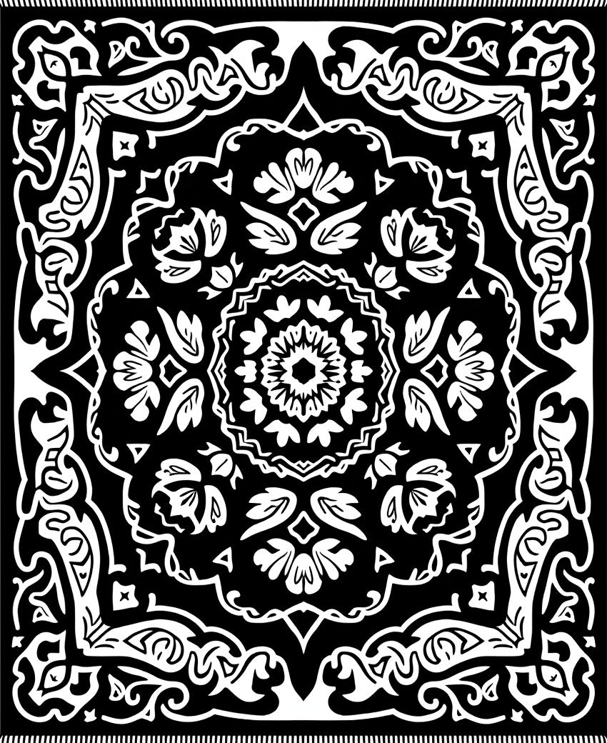 Black White Floral Mandala Medallion Rug