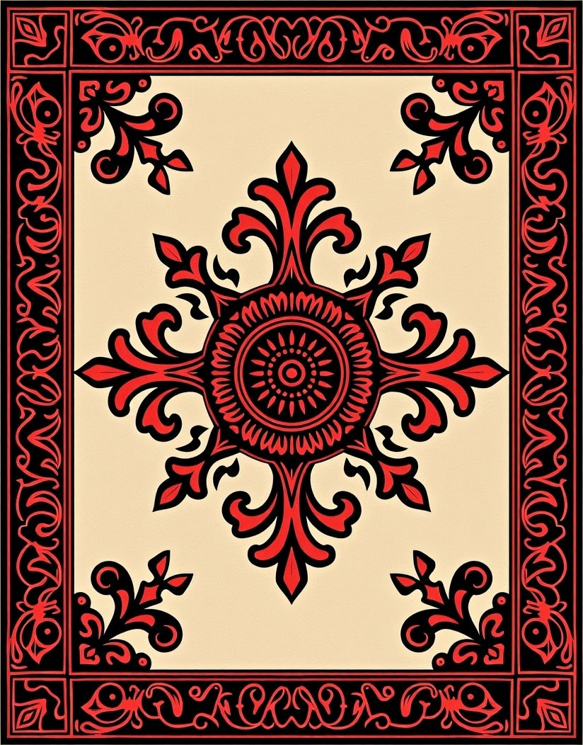 Crimson Scrollwork Inlay Arabesque Rug