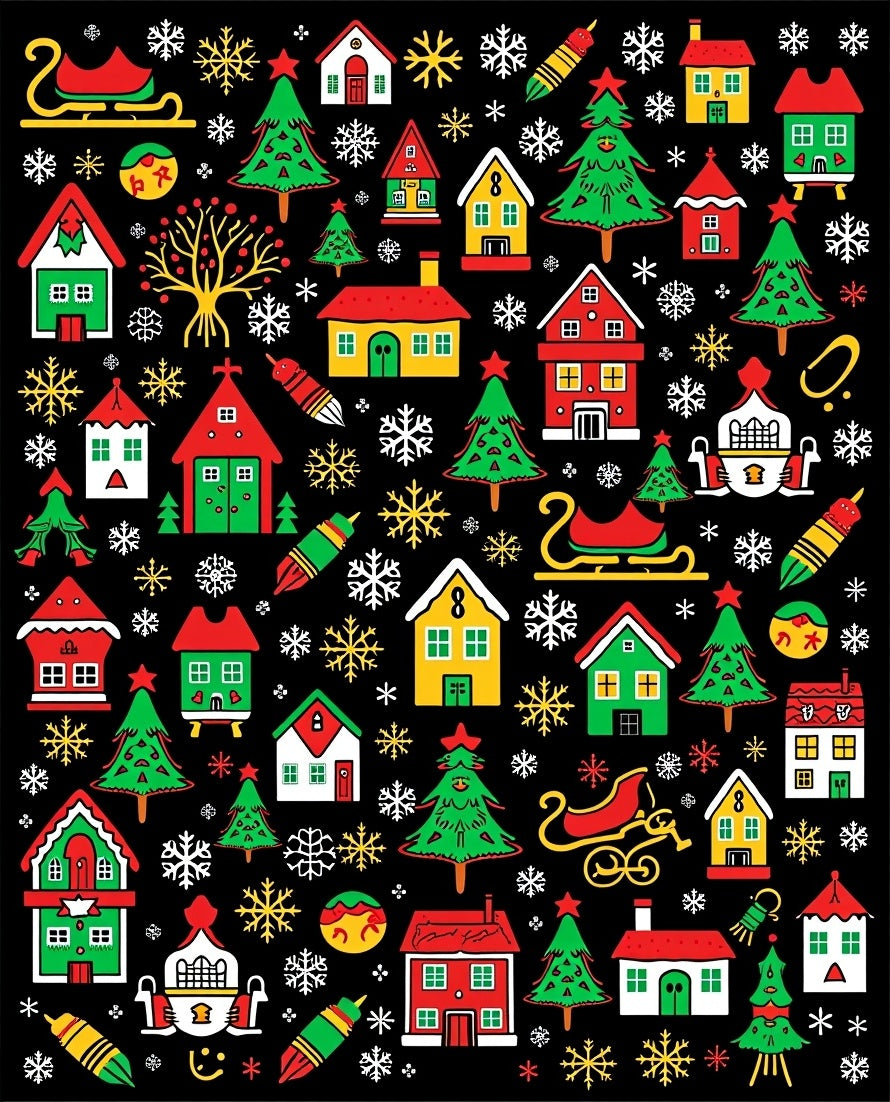 Festive Red Green Yellow Christmas Village Rug