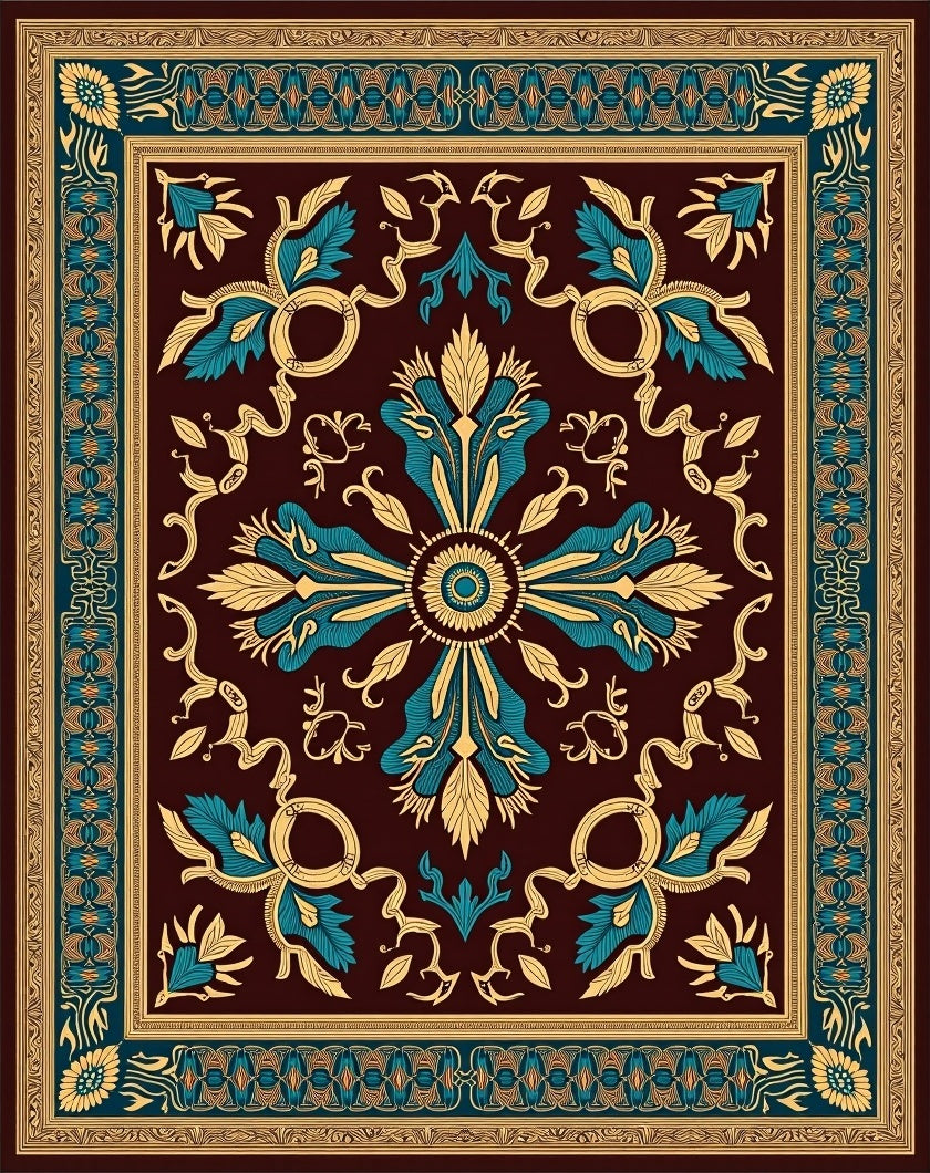 Deep Burgundy Teal Gold Floral Scroll Rug