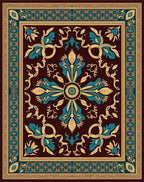Deep Burgundy Teal Gold Floral Scroll Rug