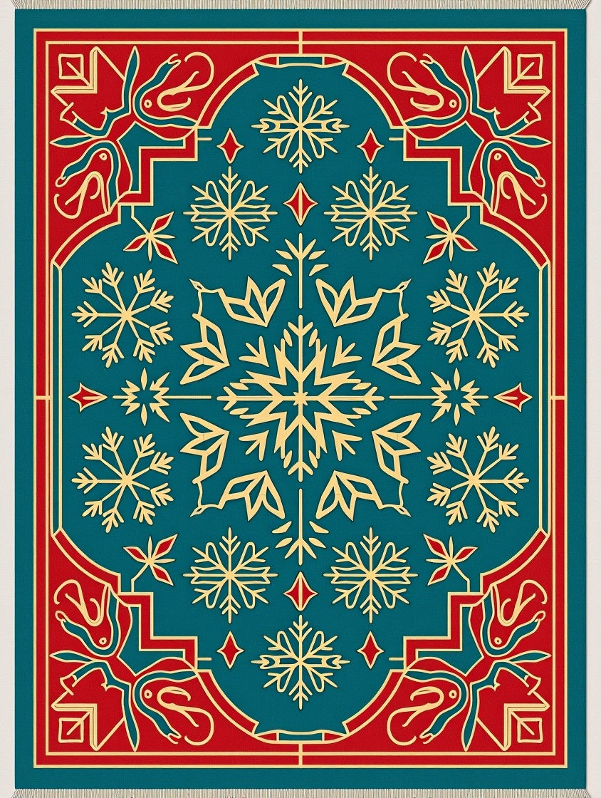 Teal Red Gold Snowflake Medallion Rug