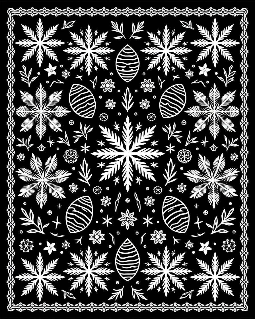 Black White Folk Floral Egg Medallion Rug