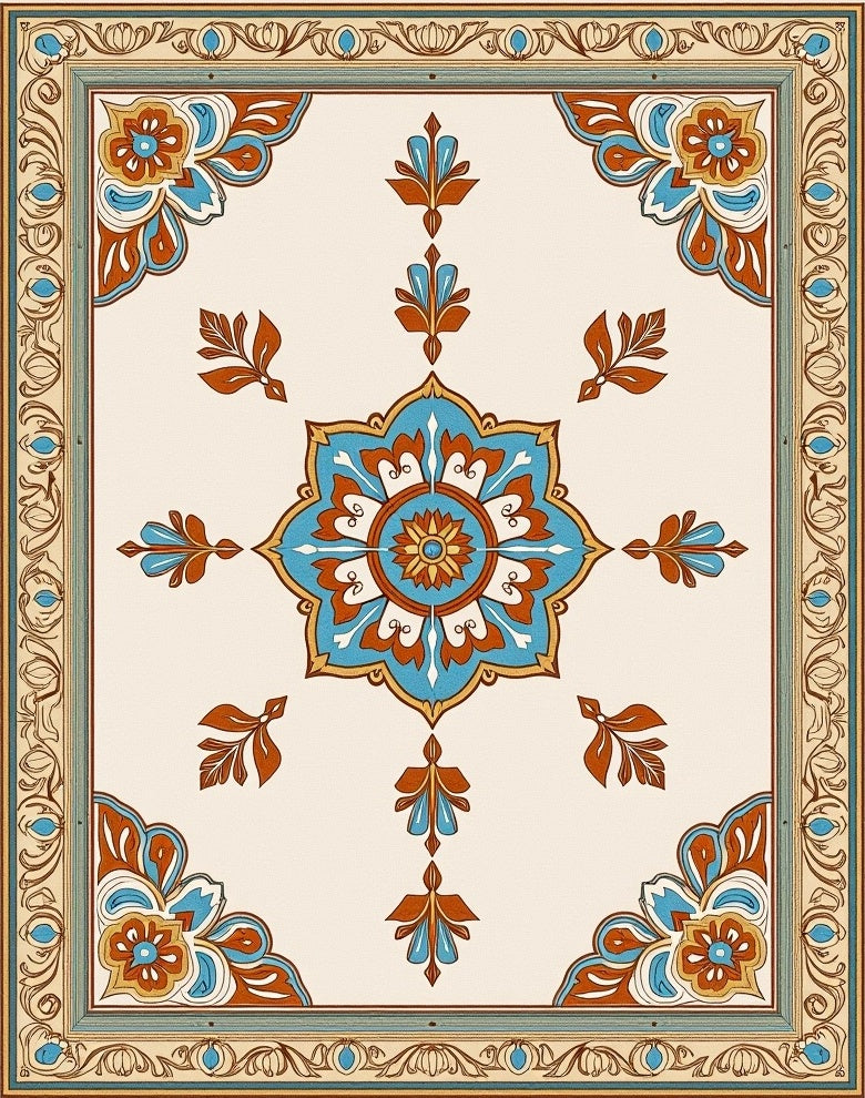Vintage Teal Orange Floral Medallion Rug