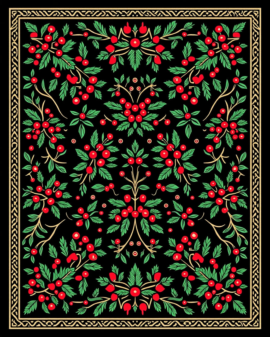 Vintage Black Red Berry Vines Rug