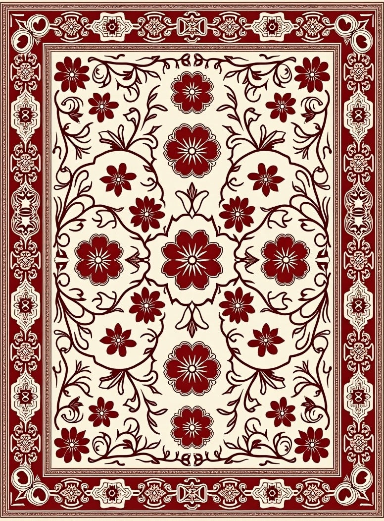 Crimson Floral Scrolling Vine Border Rug