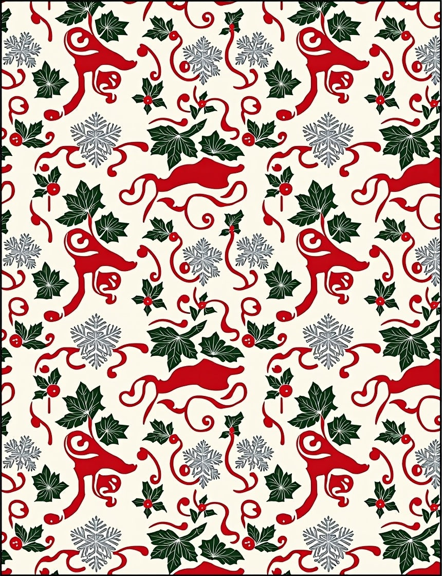 Red Reindeer Holly Snowflakes Swirls Rug