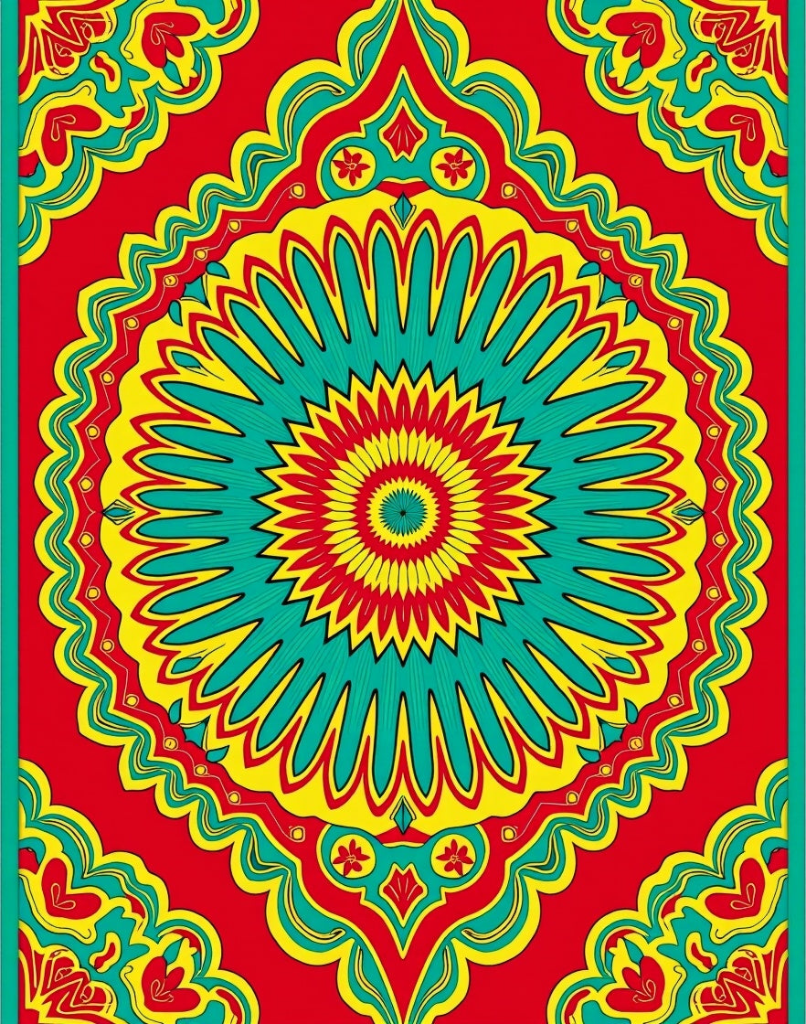 Bright Red Teal Yellow Sunburst Mandala Rug
