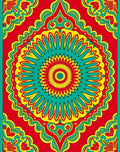 Bright Red Teal Yellow Sunburst Mandala Rug
