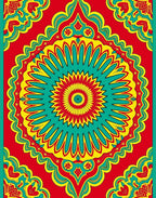Bright Red Teal Yellow Sunburst Mandala Rug