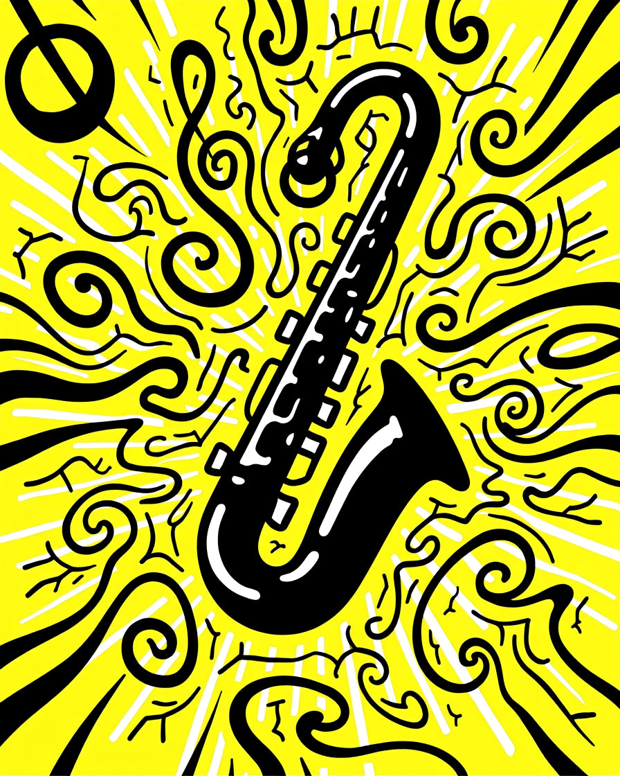 Vibrant Yellow Saxophone Swirls Rug