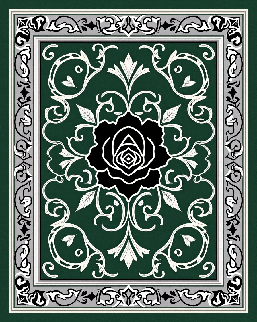 Classic Green Black Rose Floral Rug